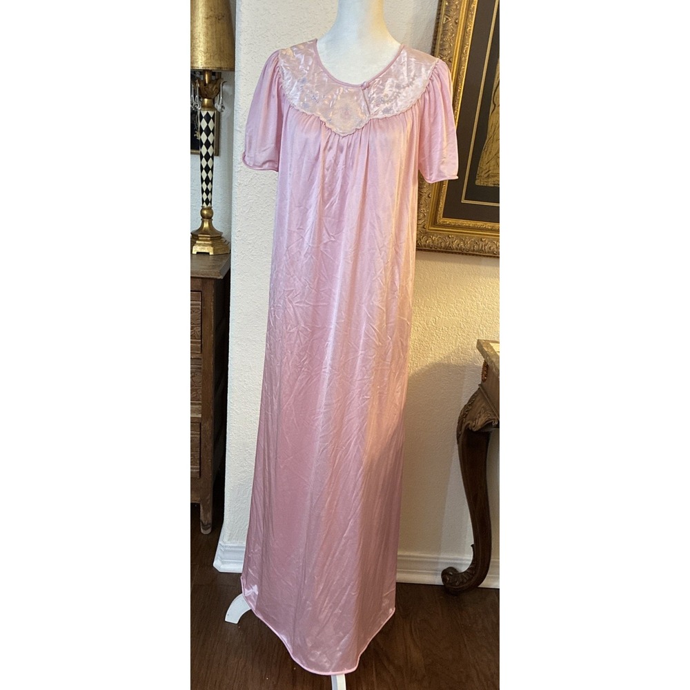 VTG Long Pink Silky Nylon Nightgown Size S Embroidered Yolk Grandma
